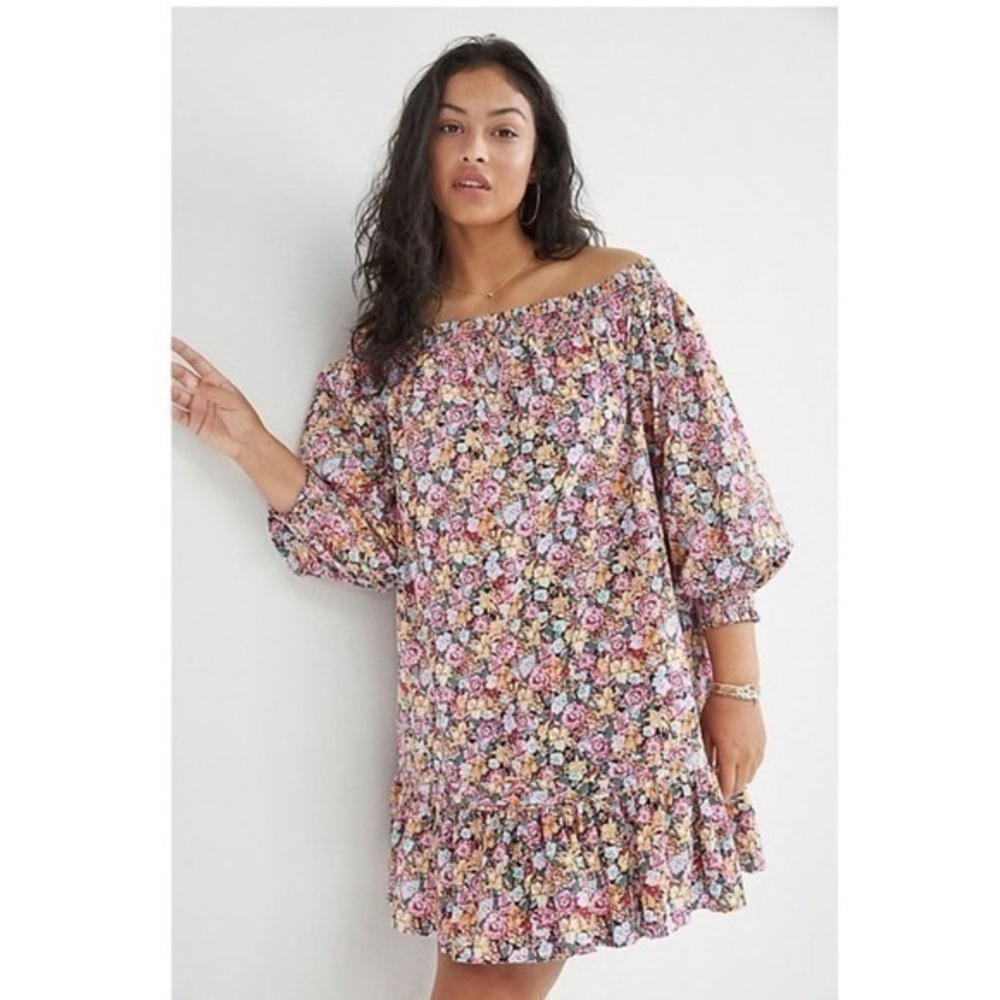 Maeve for Anthropologie floral print smocked off the shoulder dress YY4